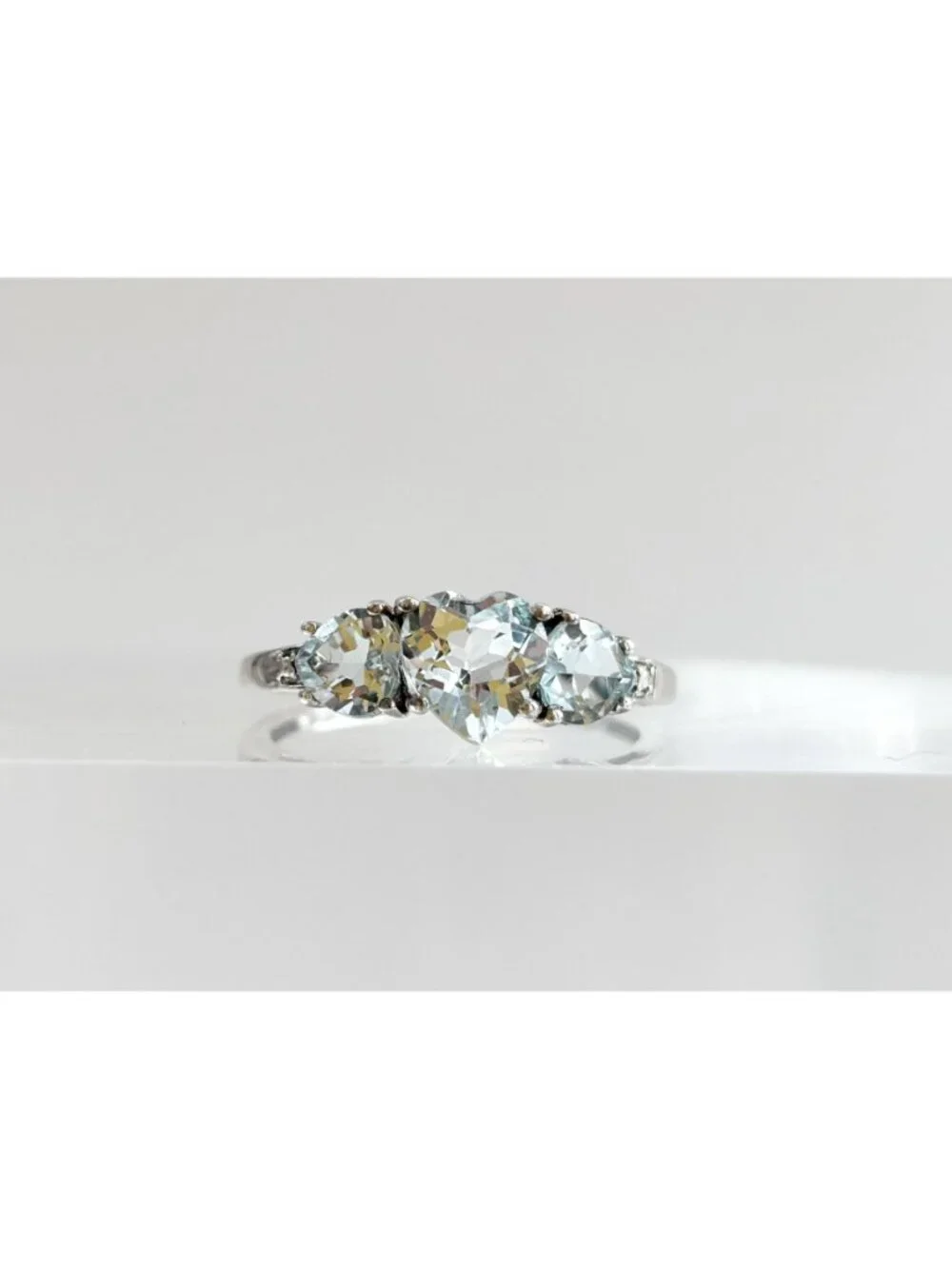 Blue Aquamarine Triple Heart Cut Sterling Silver 925 Vintage Ring - sz 9
